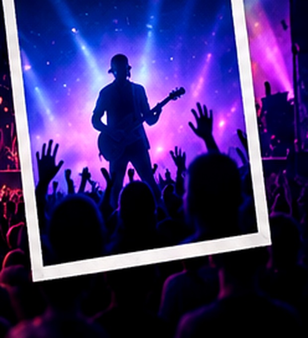 A performer playing guitar to a packed festival crowd